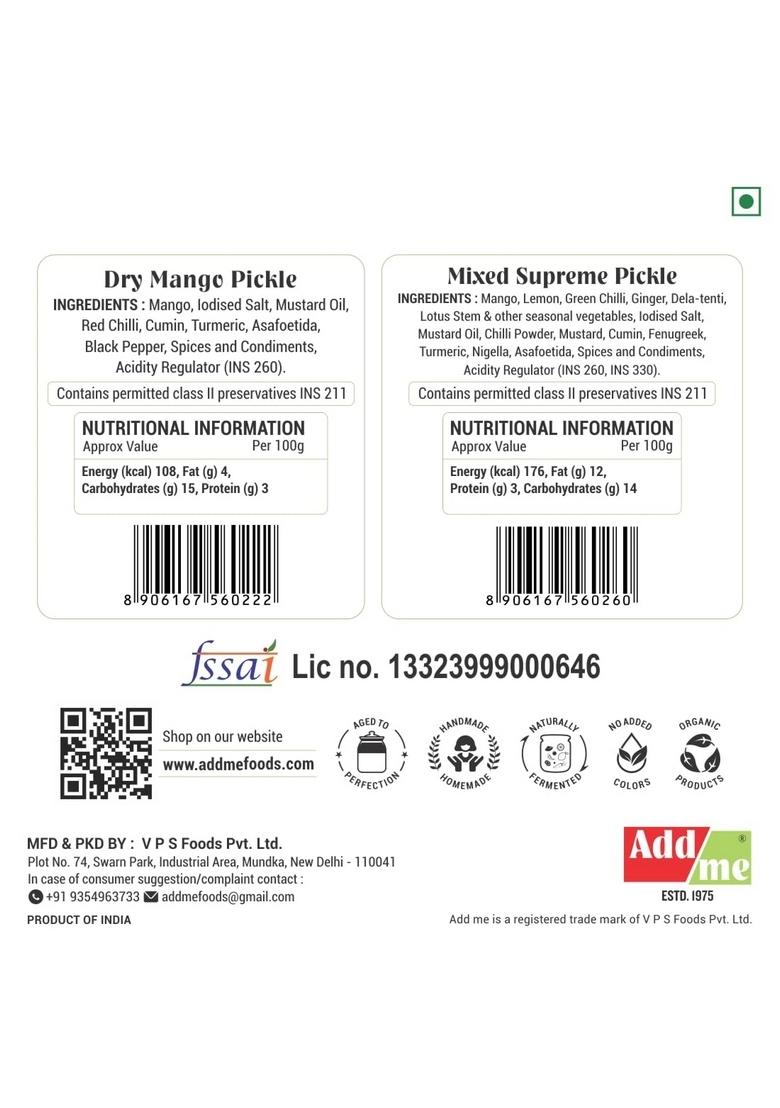 Add Me Home Made Dry Mango Pickle Sukha North Indian Aam Ka Achar 300Gm Mixed Supreme Glass Pack