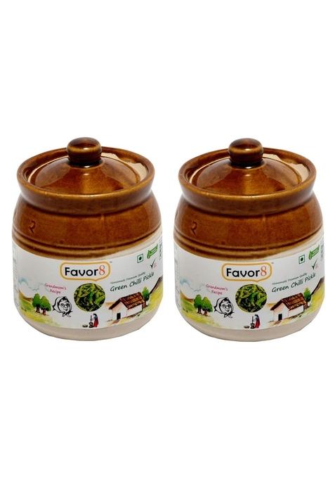 Favor8 Home Made Spicy Green Chilli Pickle Hari Mirch Ka Achar By Pure Mustard Oil Tangy And Salty In Ceramic Jar 400Ml Pack Of 2 X 350G