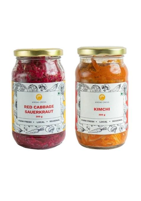 Krishi Cress Kimchi Red Cabbage Sauerkraut Combo | Natural Fermented Superfood Vegan Probiotic Food 300G