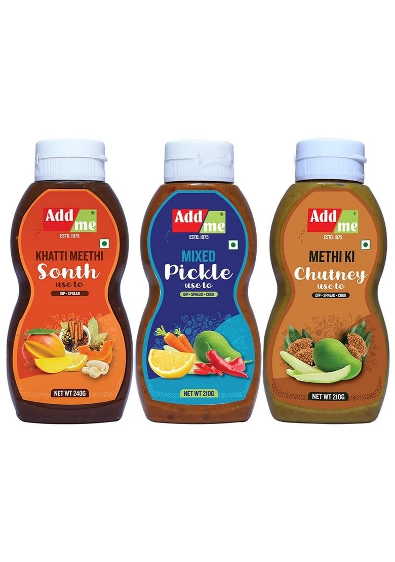 Add Me Khatti Meethi Sonth Chutney 240 G Addme Mixed Pickle 210 Methi Dana Achar 3 Bottles 660 Gm