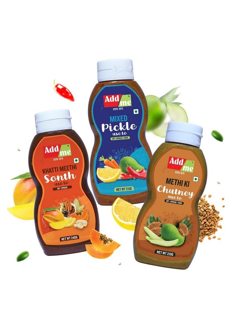 Add Me Khatti Meethi Sonth Chutney 240 G Addme Mixed Pickle 210 Methi Dana Achar 3 Bottles 660 Gm