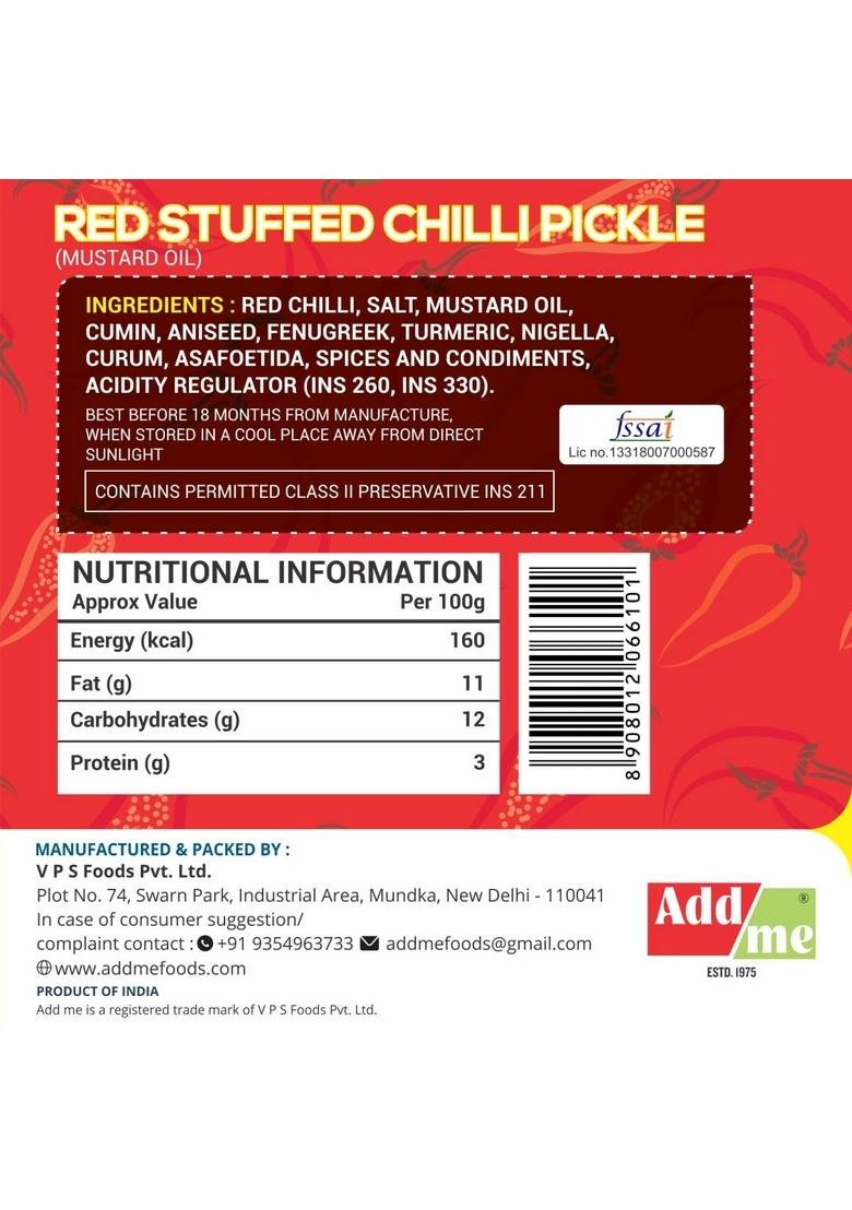 Add Me Red Stuffed Chilli Pickle Homemade Lal Mirch Ka Bharwa Banarasi Achar Pickles In Mustard Oil 500 Gm Glass Pack