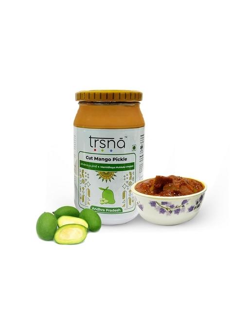 Trsna Cut Mango Pickle 400 Grams | Mamidikaya Mukkalu Uragaya Authentic Andhra South Indian Style Aam Ka Achar Small Pieces Spicy Tangy Taste Premium Gourmet Achaar Made In Pradesh Glass Jar