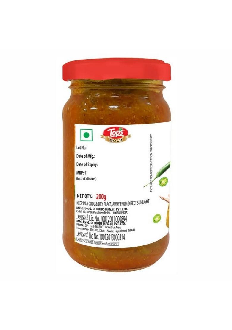 Tops Gold Green Chilli Pickle | 200G Glass Bottle