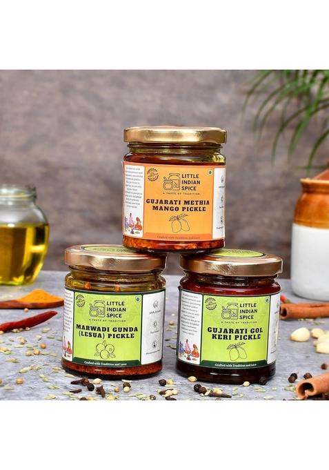 Little Indian Spice Traditional Gujarati 3 Pickle In 1 Pack | Gol Keri Methia Mango Gunda Lesua 150 Gm Each