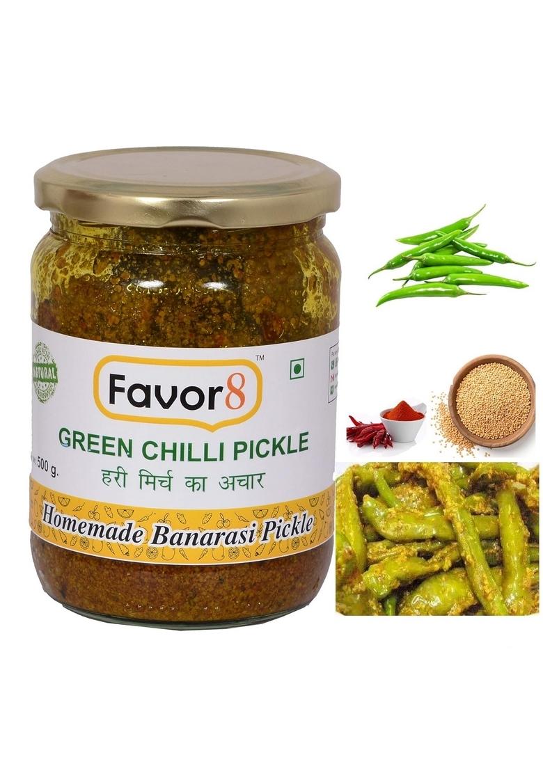 Favor8 Home Made Indian Traditional Spicy Green Chilli Pickle|Hari Mirch Ka Achar| By Pure Mustard Oil| Tangy And Salty| Pickle In Glass Jar 500G