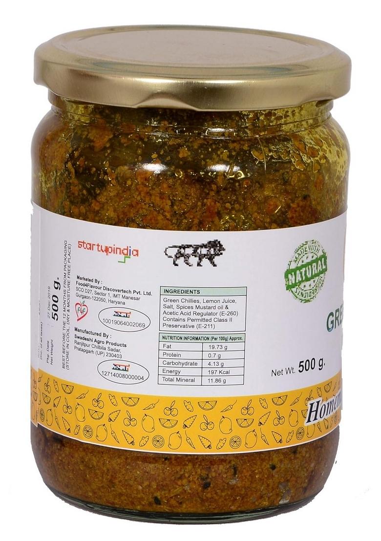 Favor8 Home Made Indian Traditional Spicy Green Chilli Pickle|Hari Mirch Ka Achar| By Pure Mustard Oil| Tangy And Salty| Pickle In Glass Jar 500G