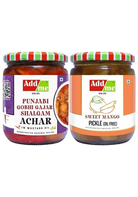 Add Me Addme Sweet Pickle Combo Offer Mango And Gobhi Mixed With Garlic Ginger Onion Masala Glass Pack 600Gm Each Of 2 Meetha Achaar