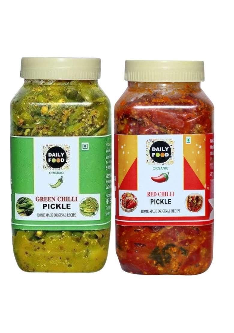 Daily Food Combo Of Organic Natural Rai Green Chili Pickle Hari Mirch Ka Achar And Dry Lal Lapat Kati Tukra Red | Size 400 Grams Each - Indya