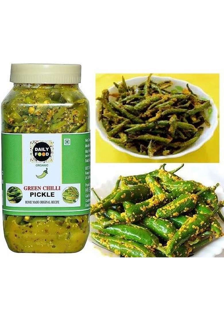 Daily Food Combo Of Organic Natural Rai Green Chili Pickle Hari Mirch Ka Achar And Dry Lal Lapat Kati Tukra Red | Size 400 Grams Each - Indya