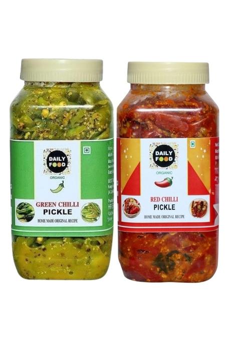 Daily Food Combo Of Organic Natural Rai Green Chili Pickle Hari Mirch Ka Achar And Dry Lal Lapat Kati Tukra Red | Size 400 Grams Each