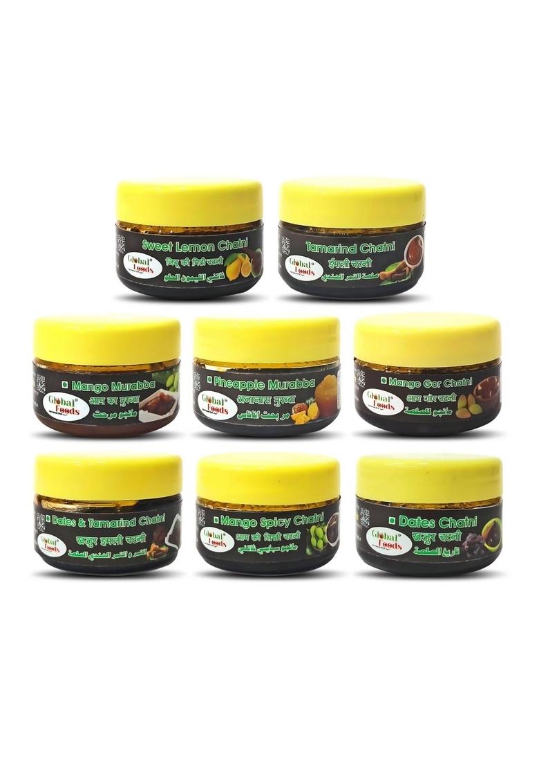 Global Foods | Sweet Tangy Pickle Trail Chutney Of 8 Flavors Lemon Tamarind Mangos Dates Gor Date Mango Murabba Pineapple 50 Gm Each Trial Pack Homemade Achar Combo Withaout Presirvetive Without Food Colour
