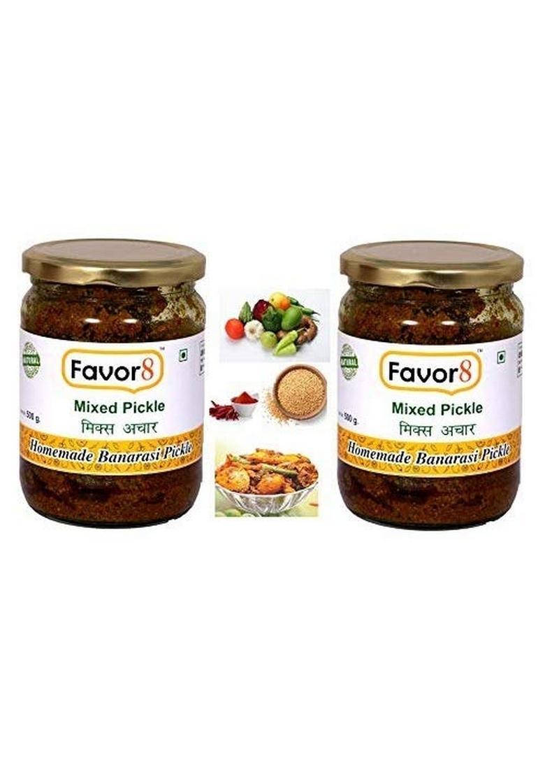 Favor8 Home Made Indian Traditional Spicy Mixed Pickle|Mix Achar| By Pure Mustard Oil With Banarasi Recipe| Tangy And Pickle In Glass Jar Pack Of 2 X 500G