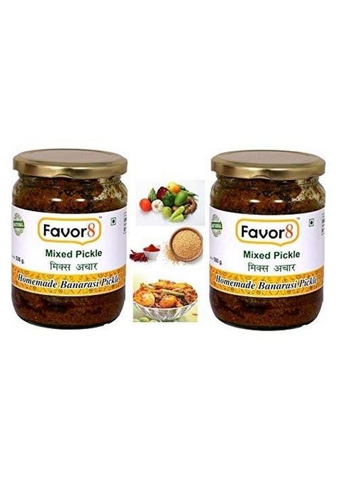 Favor8 Home Made Indian Traditional Spicy Mixed Pickle|Mix Achar| By Pure Mustard Oil With Banarasi Recipe| Tangy And Pickle In Glass Jar Pack Of 2 X 500G