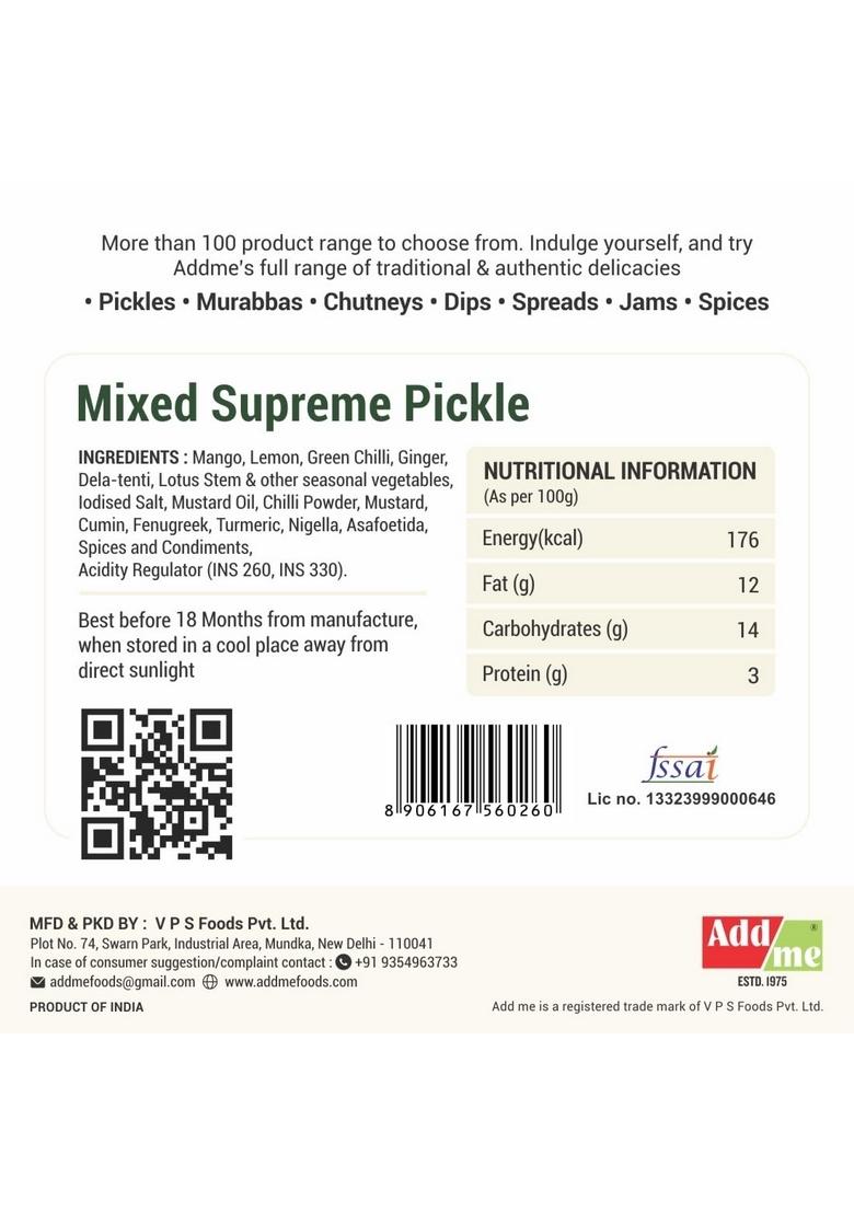 Add Me Mixed Supreme Mango Chilli Lemon Carrot Ker Ginger Karonda Lasoda Fruit Pickle 300Gm Glass Jar | Rajasthani Home Made Mix Achar