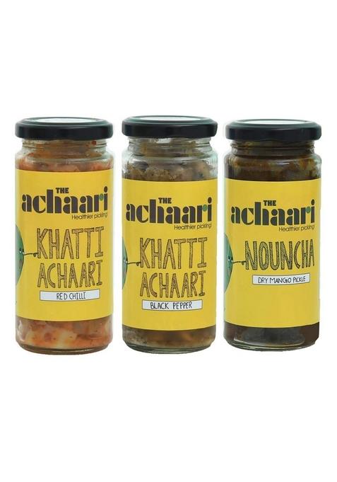 The Achaari Homemade Mango Pickle Pack Of 3 Khatti Red Chilli Black Pepper Nouncha