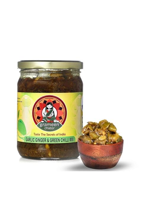 Grameen Chator Garlic Ginger Green Chilli Mix Pickle 500G Pack Of 1 | Authentic Homemade Traditional Achar |No Artificial Preservatives| Less Oil Sun Dried