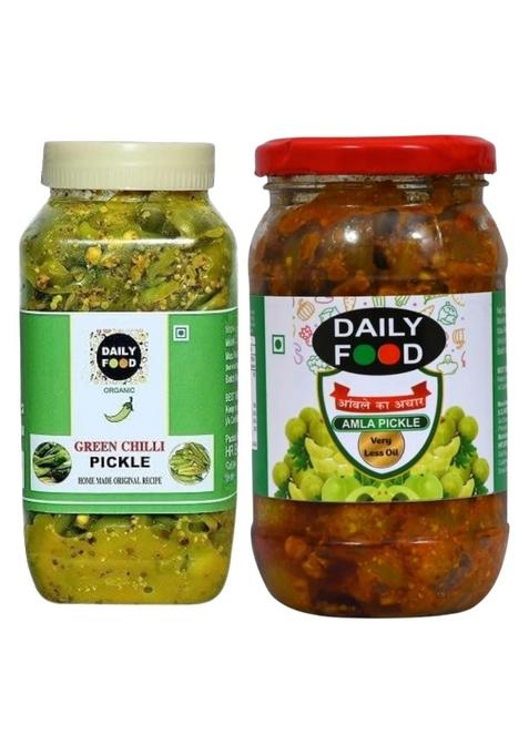 Daily Food Combo Of Organic Natural Rai Green Chili Pickle Hari Mirch Ka Achar And Amla Awla Homemade | Size 400 Grams Each