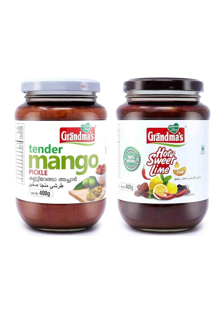 Grandmas Authentic Kerala Style Tender Mango Pickle Hot And Sweet Lime Combo | 400G Bottle Healthy Tasty South Indian