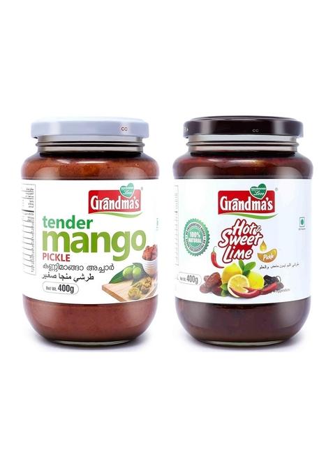 Grandmas Authentic Kerala Style Tender Mango Pickle Hot And Sweet Lime Combo | 400G Bottle Healthy Tasty South Indian