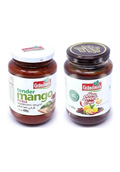 Grandmas Authentic Kerala Style Tender Mango Pickle Hot And Sweet Lime Combo | 400G Bottle Healthy Tasty South Indian