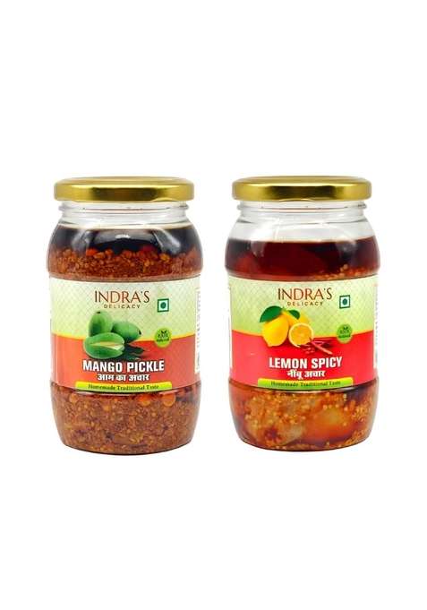 Indra'S Delicacy Mango Pickle Lemon Combo In Mustard Oil Aam Kairi Nimbu Achar Set Homemade Traditional Indian Taste Organic Authentic Natural Flavor 400 Gm Pack Of 2