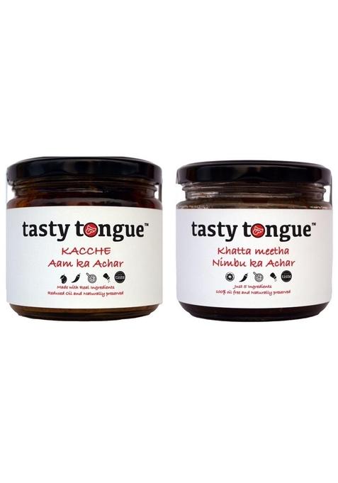 Tasty Tongue Tongue' Homemade Combos Khatta Meetha Nimbu Ka Achar And Kachche Aam | Traditional Heirloom Recipe No Preservatives 350 Gms Each Glass Jars