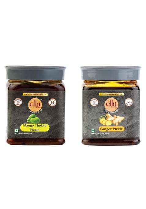 Ella Foods Mango And Ginger Pickle Combo | Tangy Zesty Delight 40 Less Sodium Cold Pressed Sesame Oil 250G Each Pack Of 2 Authentic Indian Flavours No Preservatives
