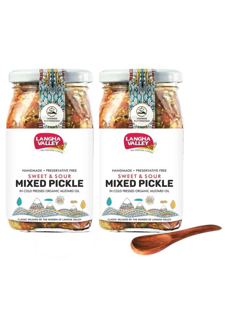Langha Valley Combo Of Homemade Mixed Vegetable Pickle Sweet Sour Made With Cold Pressed Organic Mustard Oil Sun Dried And Matured Pack 2 400G Each - Indya