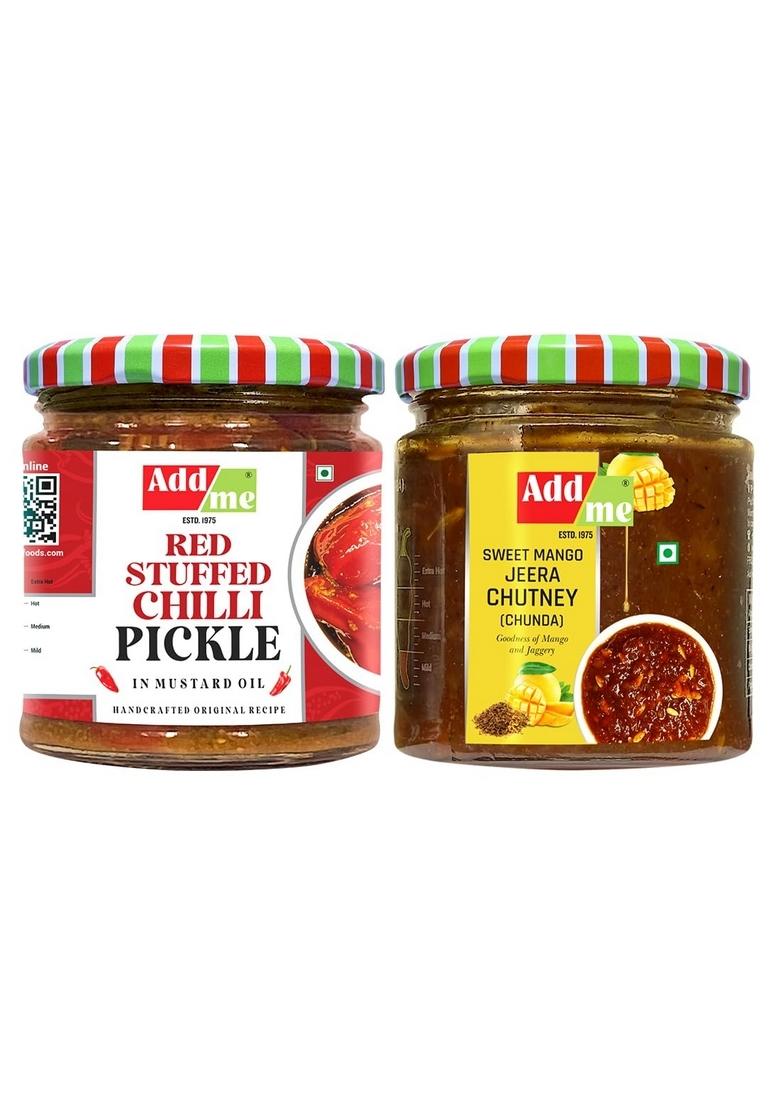Add Me Chunda Sweet Mango Chutney With Jeera 200Gm Chundo Red Stuffed Chilli Pickle Homemade Lal Mirch Mirchi Ka Bharwa Achar Pickles In Mustard Oil Combo Gift Pack Glass Jar