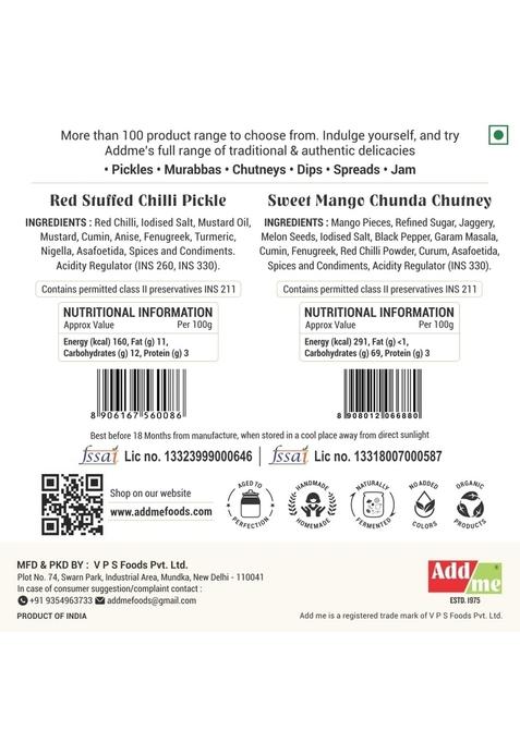 Add Me Chunda Sweet Mango Chutney With Jeera 200Gm Chundo Red Stuffed Chilli Pickle Homemade Lal Mirch Mirchi Ka Bharwa Achar Pickles In Mustard Oil Combo Gift Pack Glass Jar