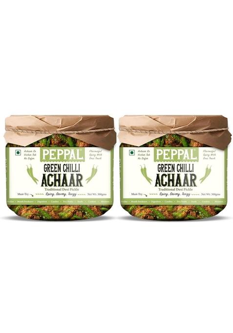 Peppal Green Chilli Achaar | Spicy Hari Mirch Pickle Homemade Style Indian Achar With Traditional Taste Pack Of 2 X 300 G