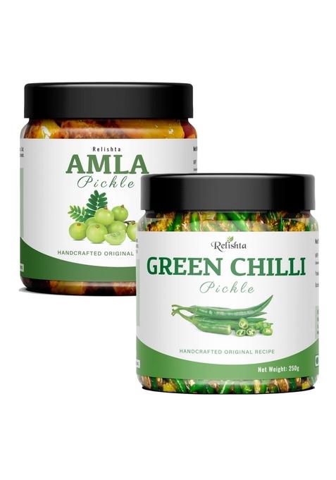 Relishta Green Chilli Amla Pickle Hari Mirch Achar 2X250G Premium Less Oil Homemade Combo Handcrafted Traditional Taste
