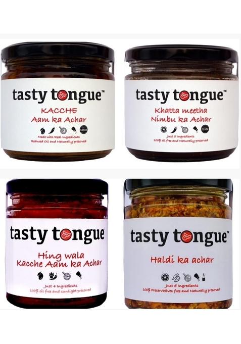 Tasty Tongue Tongue' Ensemble Homemade Kachche Aam Ka Achar Khatta Meetha Nimbu Hing Wala Haldi With Lemon Decoction | Traditional Artisanal Glass Jars