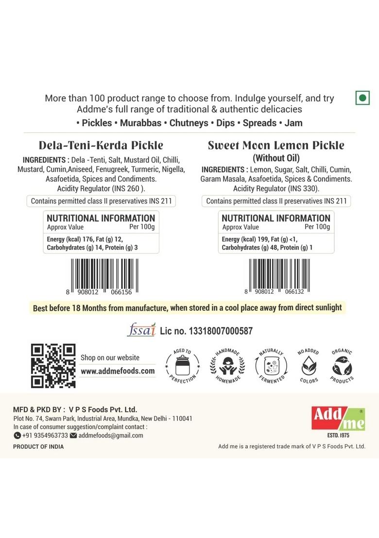 Add Me Sweet Lemon Pickle 600G Without Oil Nimbu Ka Khatta Meetha Achar Rajasthani Dela Teni Ker 500G Teet Mixed Combo Offer Glass Pack