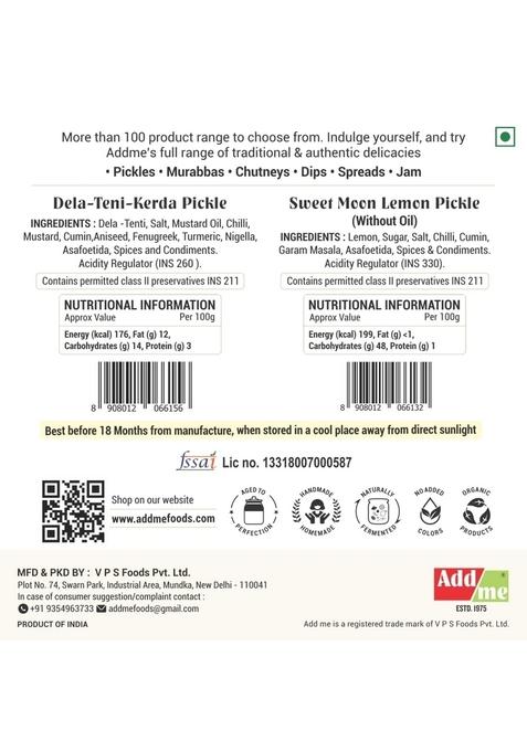 Add Me Sweet Lemon Pickle 600G Without Oil Nimbu Ka Khatta Meetha Achar Rajasthani Dela Teni Ker 500G Teet Mixed Combo Offer Glass Pack