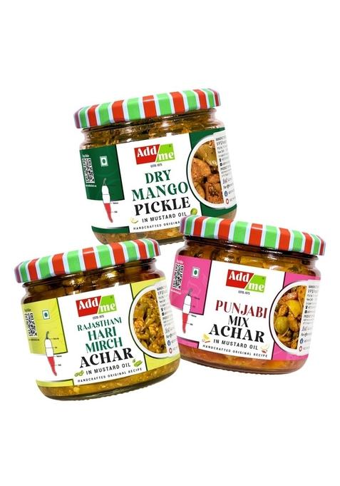 Add Me Aam Ka Sukha Achar 300 Gm Rajasthani Green Chilli Pickle 300Gm Homemade Mix G Combo Pack Of 3 L Pickles In Very Less Mustard Oil Ready To Eat Foods Glass