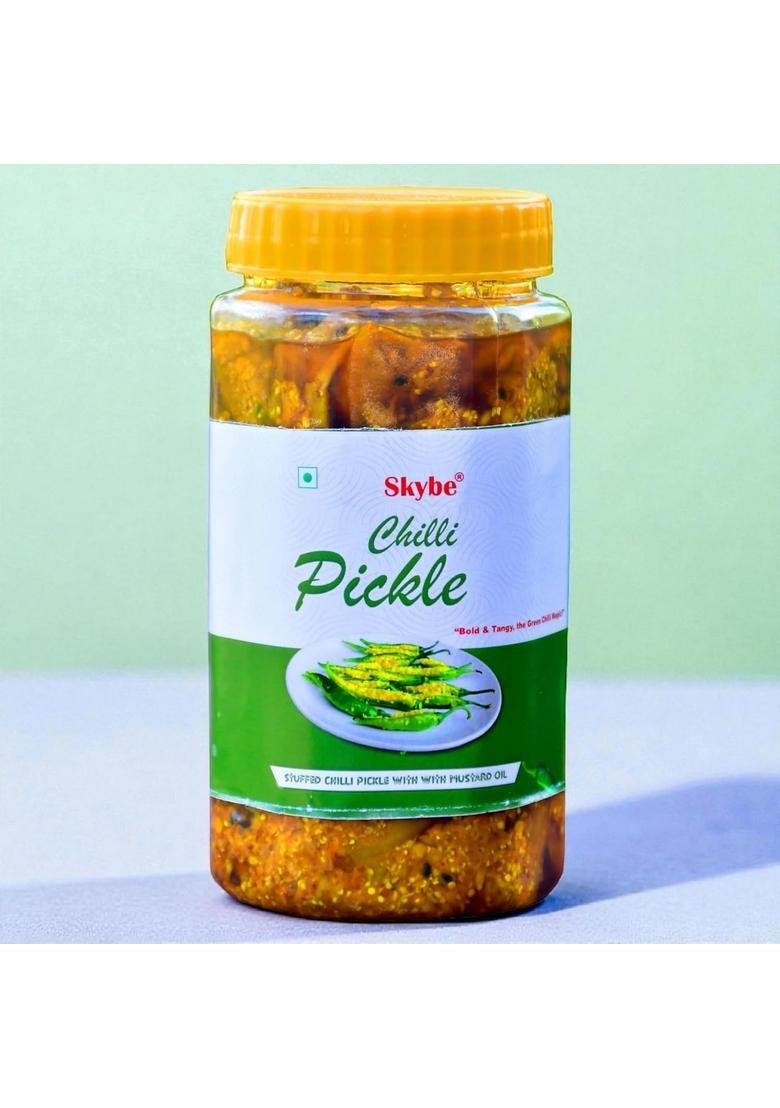 Skybe Green Chilli Pickle Traditional Rajasthani Spicy And Tangy With Mustard Oil Vegetarian 500G Plastic Jar