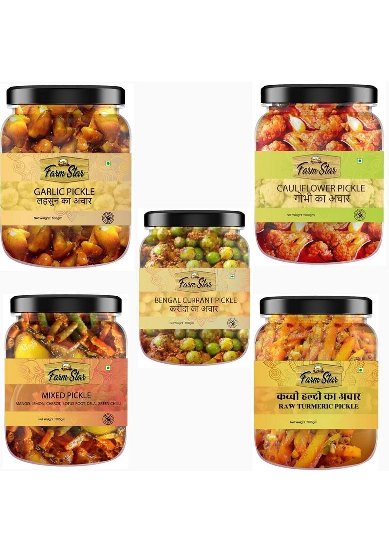 Farm Star 2 5Kg Combo Pickle Pack 5 In 1 Garlic 500 Gm Mixed Karonda Gobhi Haldi