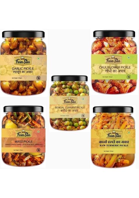 Farm Star 2 5Kg Combo Pickle Pack 5 In 1 Garlic 500 Gm Mixed Karonda Gobhi Haldi