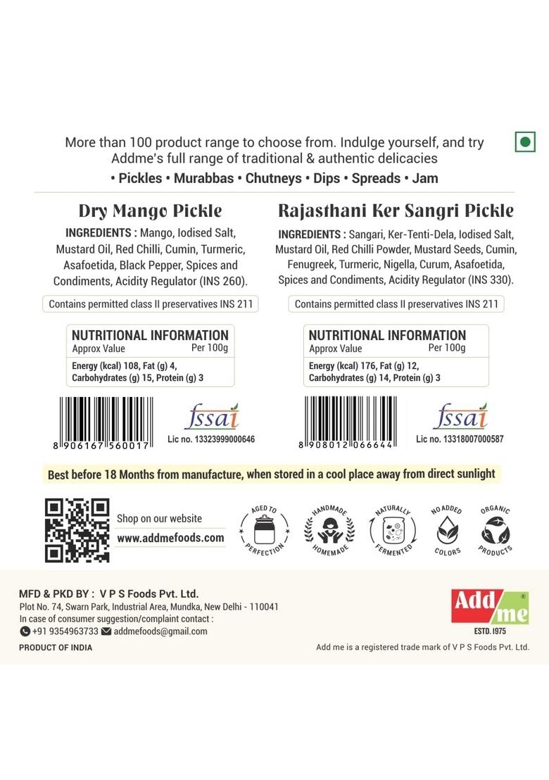 Add Me Rajasthani Masala Ker Sangri Pickle Dry Mango Sukha Aam Ka Achar 500G Each Panchkuta Pickles Achaar Glass Pack