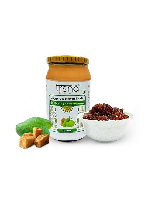 Trsna Jaggery Mango Pickle 450 Grams | God Keri Nu Athaanu Sweet Traditional Gujarati Aam Ka Achar Made With Red Chilli Tangy Mildly Spicy Premium Gourmet Achaar From Gujarat Glass Jar