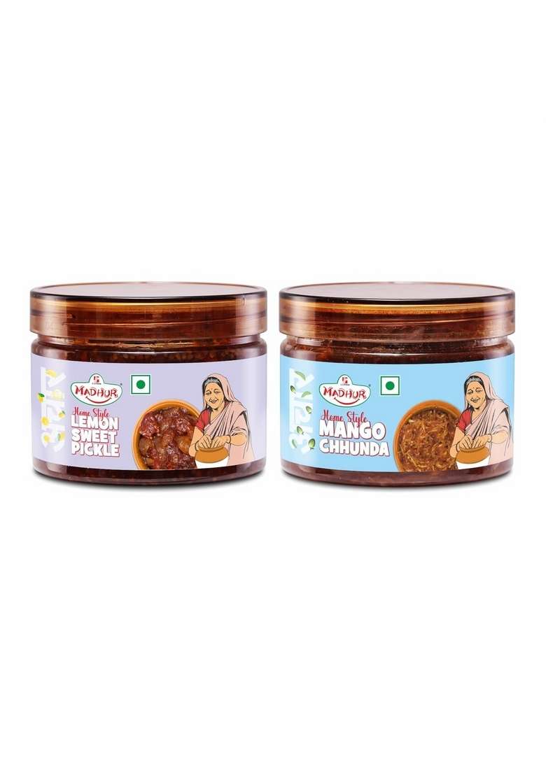 Madhur Lemon Sweet Pickle Mango Chhunda Combo 250Gm Each Tin Pack Nimbu Ka Meetha Achaar Aam Traditional Gujarati Taste 100 Vegetarian Made In India - Indya