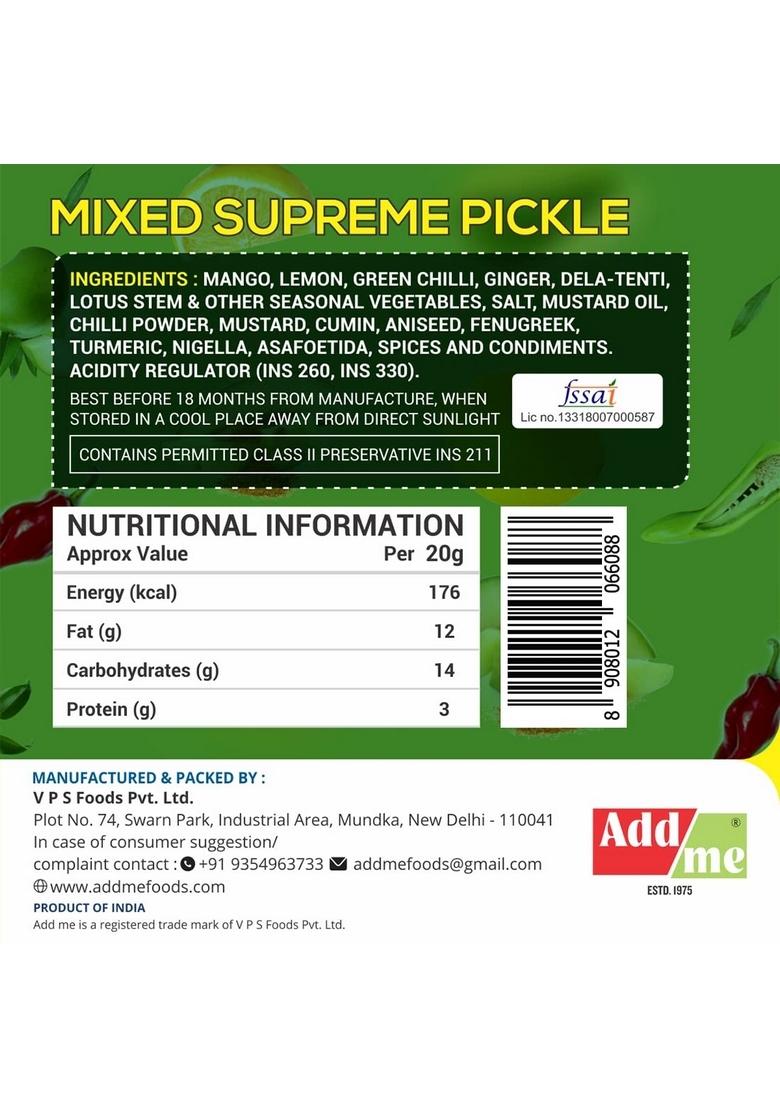 Add Me Home Made Taste Mixed Supreme Pickle Marwadi Mix Pickles Achar Aam Mango Chilli Lemon Ker Ginger Karonda Lasoda Fruit 500Gm Glass Jar