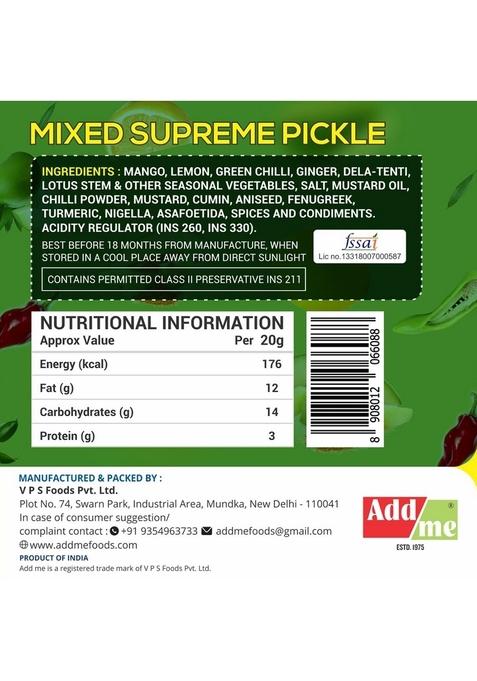 Add Me Home Made Taste Mixed Supreme Pickle Marwadi Mix Pickles Achar Aam Mango Chilli Lemon Ker Ginger Karonda Lasoda Fruit 500Gm Glass Jar