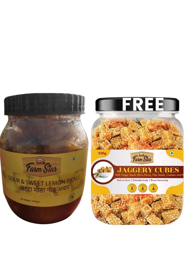 Farm Star Sour Sweet Lemon Pickle – Khatta Meetha Nimbu Ka Achar 500Gm 350Gm Jaggery Cubes Free