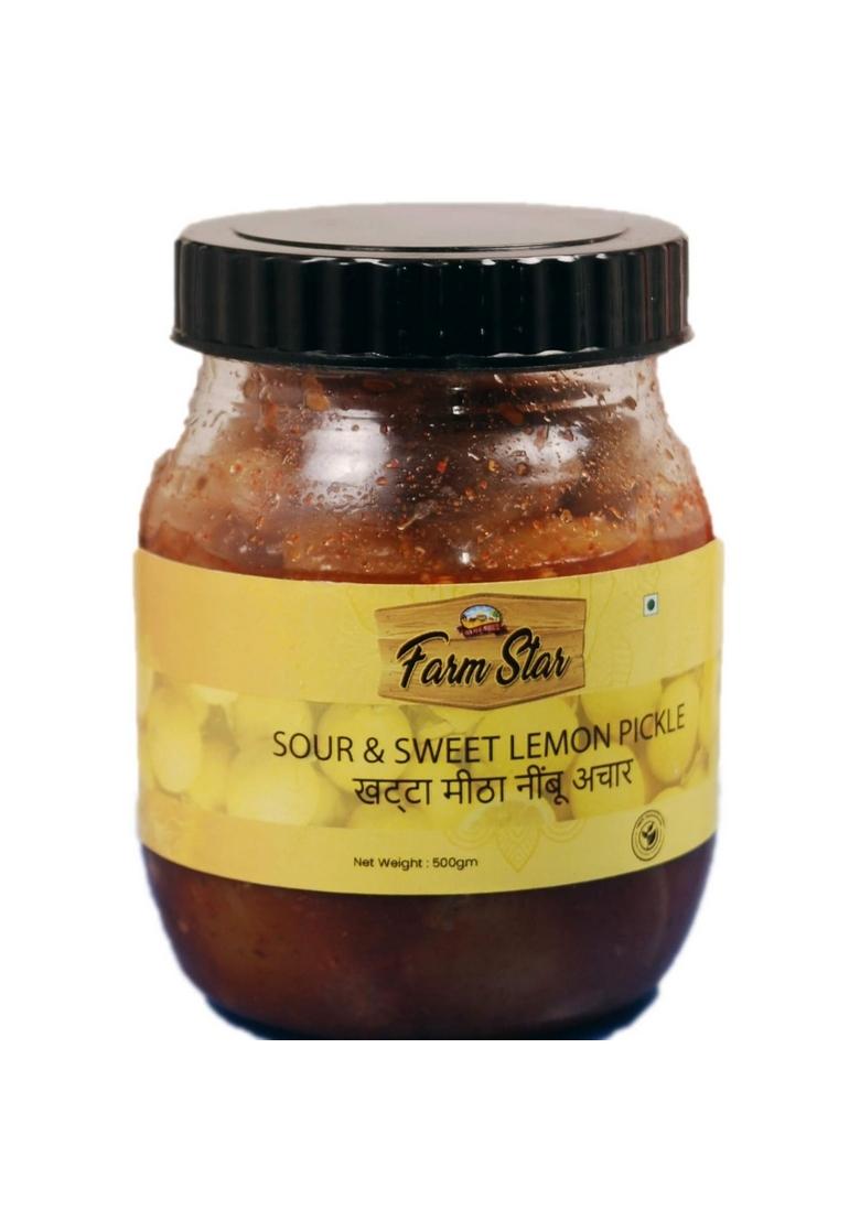 Farm Star Sour Sweet Lemon Pickle – Khatta Meetha Nimbu Ka Achar 500Gm 350Gm Jaggery Cubes Free