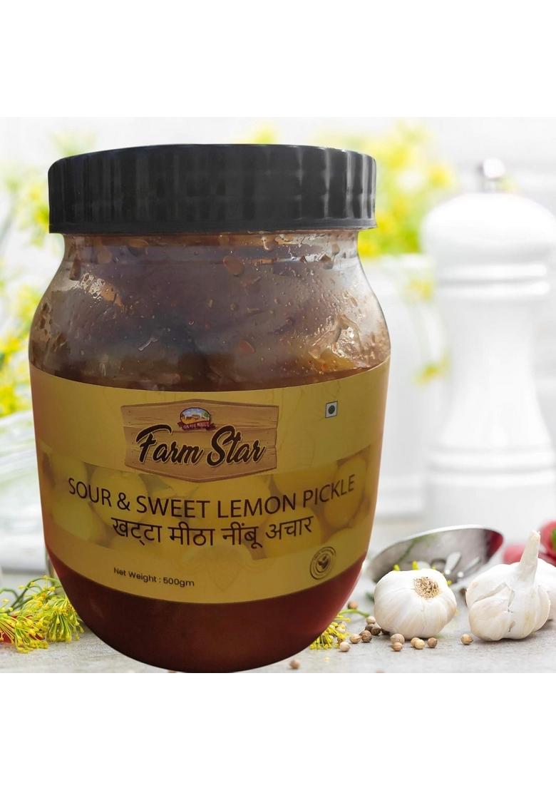 Farm Star Sour Sweet Lemon Pickle – Khatta Meetha Nimbu Ka Achar 500Gm 350Gm Jaggery Cubes Free