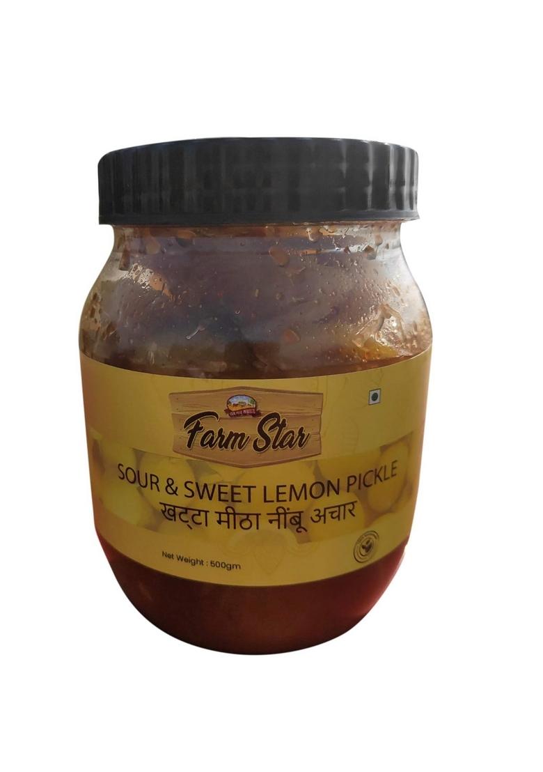 Farm Star Sour Sweet Lemon Pickle – Khatta Meetha Nimbu Ka Achar 500Gm 350Gm Jaggery Cubes Free