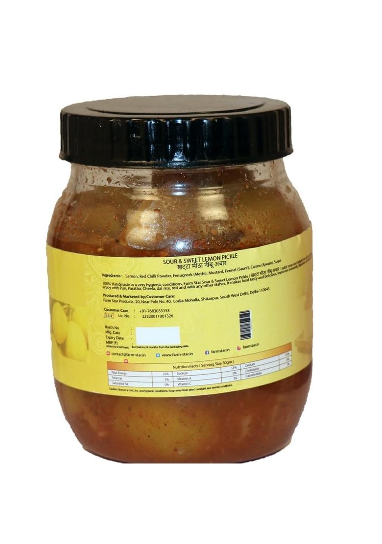 Farm Star Sour Sweet Lemon Pickle – Khatta Meetha Nimbu Ka Achar 500Gm 350Gm Jaggery Cubes Free